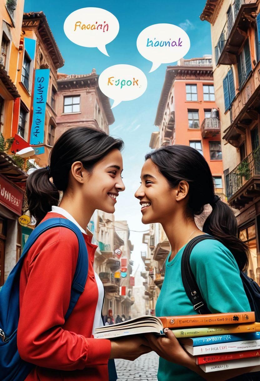 A heartwarming scene depicting two friends from different cultures engaged in a joyful conversation, surrounded by vibrant symbols of language and communication like speech bubbles and multilingual books. The backdrop should feature a diverse cityscape blending architectural elements from various countries, symbolizing connection and understanding. Emphasize warm colors and expressions of friendship and enthusiasm. super-realistic. vibrant colors. 3D.