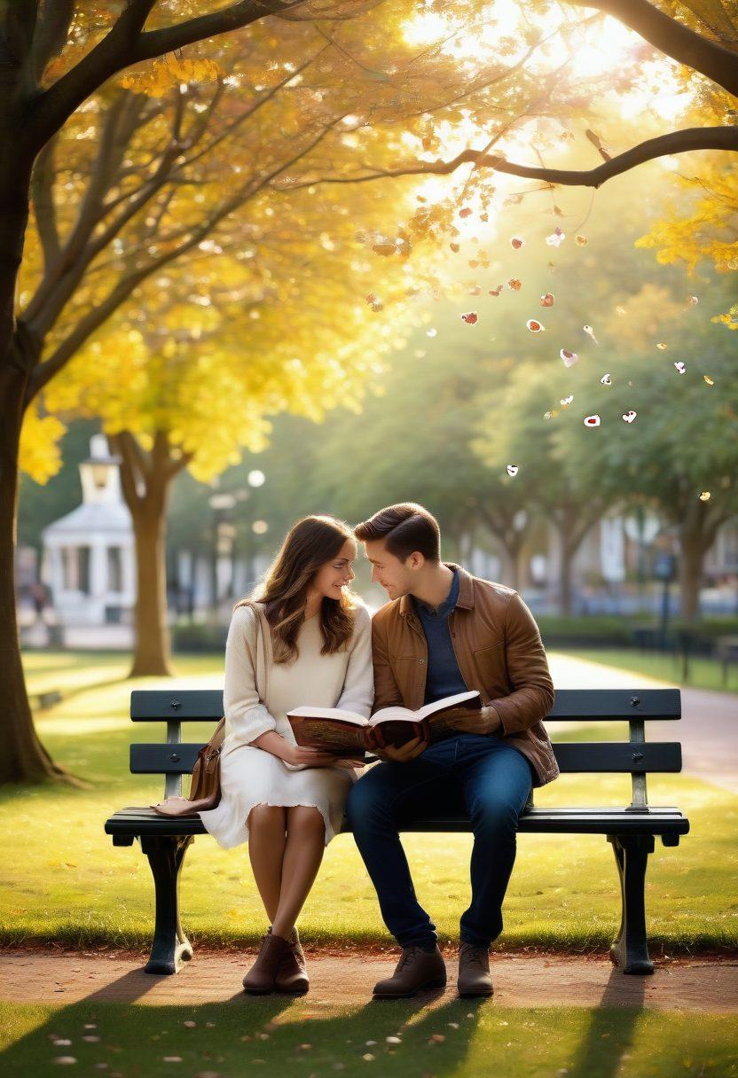 A couple sitting closely together on a park bench, sharing a book where English phrases about love and romance are highlighted. Soft sunlight filtering through trees casts a warm glow, symbolizing connection and communication. In the background, hearts and speech bubbles filled with common English expressions float gently in the air. Elements of nature like flowers and butterflies enhance the romantic ambiance. super-realistic. vibrant colors. warm tones.